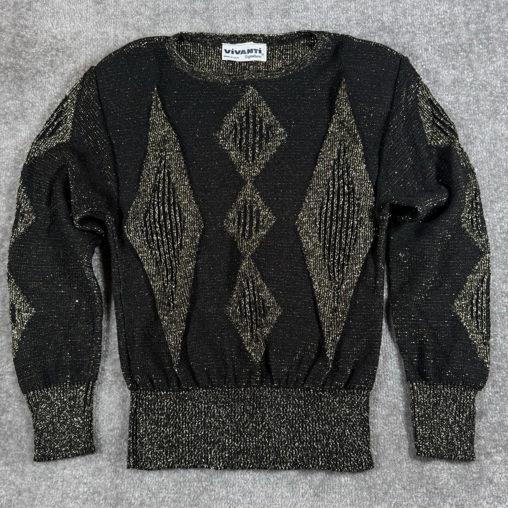 Vintage 80s Sweater Women's Black Gold Geometric Long Sleeve‎ Vivanti Signature